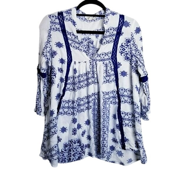 Oddy White Blue Pattern Tunic Top Boho‎ Festival Peasant Casual Dressy Large - Picture 1 of 10